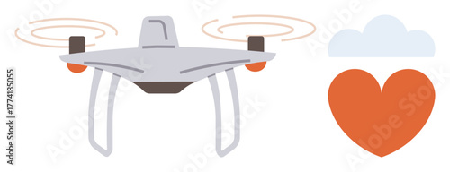quadcopter in flight with propeller movement, heart symbolizing love or care, and cloud icon. Ideal for technology, innovation, delivery, connection, sustainability, healthcare modern lifestyle