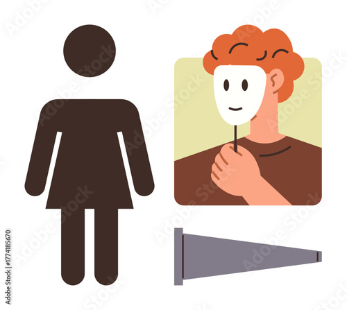 Female silhouette, person holding a white mask over a happy face, and megaphone. Ideal for themes of identity, anonymity, communication, self-expression, gender emotions and empowerment. Simple