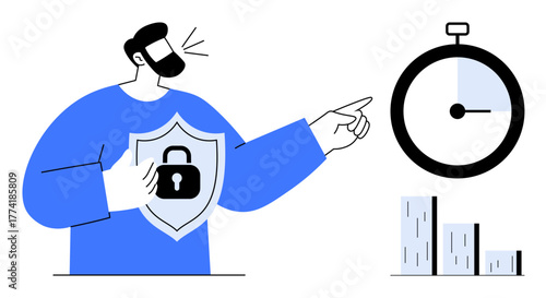 Man with shield and lock symbol pointing at stopwatch, next to bar chart. Ideal for security, time management, teamwork, goal setting, data analysis, protection, simplified flat metaphor