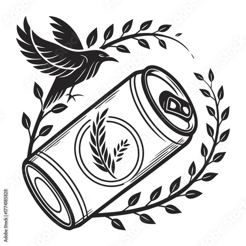 Black and White Illustration of a Bird Flying Around a Beer Can with Wheat beverage can