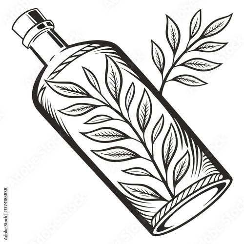 Stylized glass bottle with engraved floral vine design and stopper liquid drink