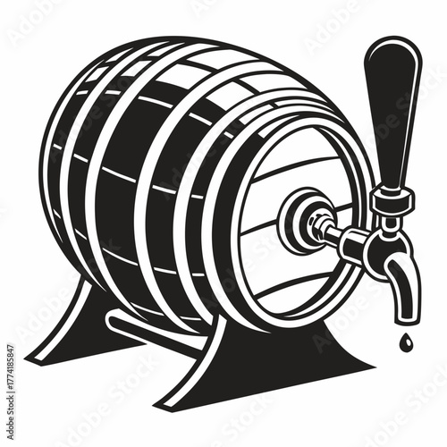 Wooden beer barrel with tap and stand on white background vector illustration