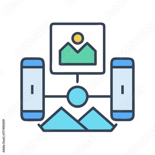 Mobile content sharing diagram with landscape images connecting devices via network