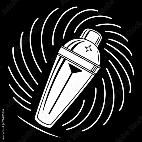 White cocktail shaker in swirling white lines on black background barware bartender