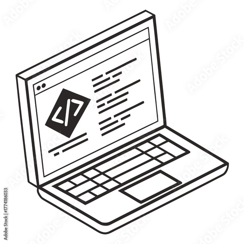 Isometric line art laptop displaying code and programming symbol computer coding