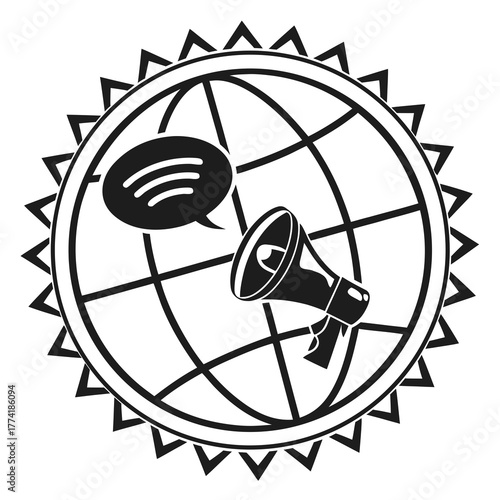 Black and White Globe with Megaphone and Speech Bubble world earth