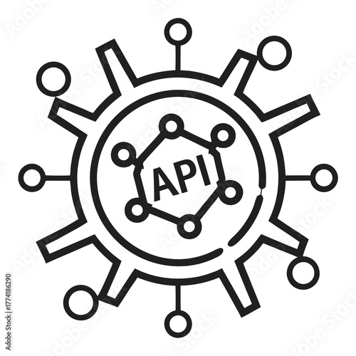 Black and white icon of API connection with gear and nodes application programming interface
