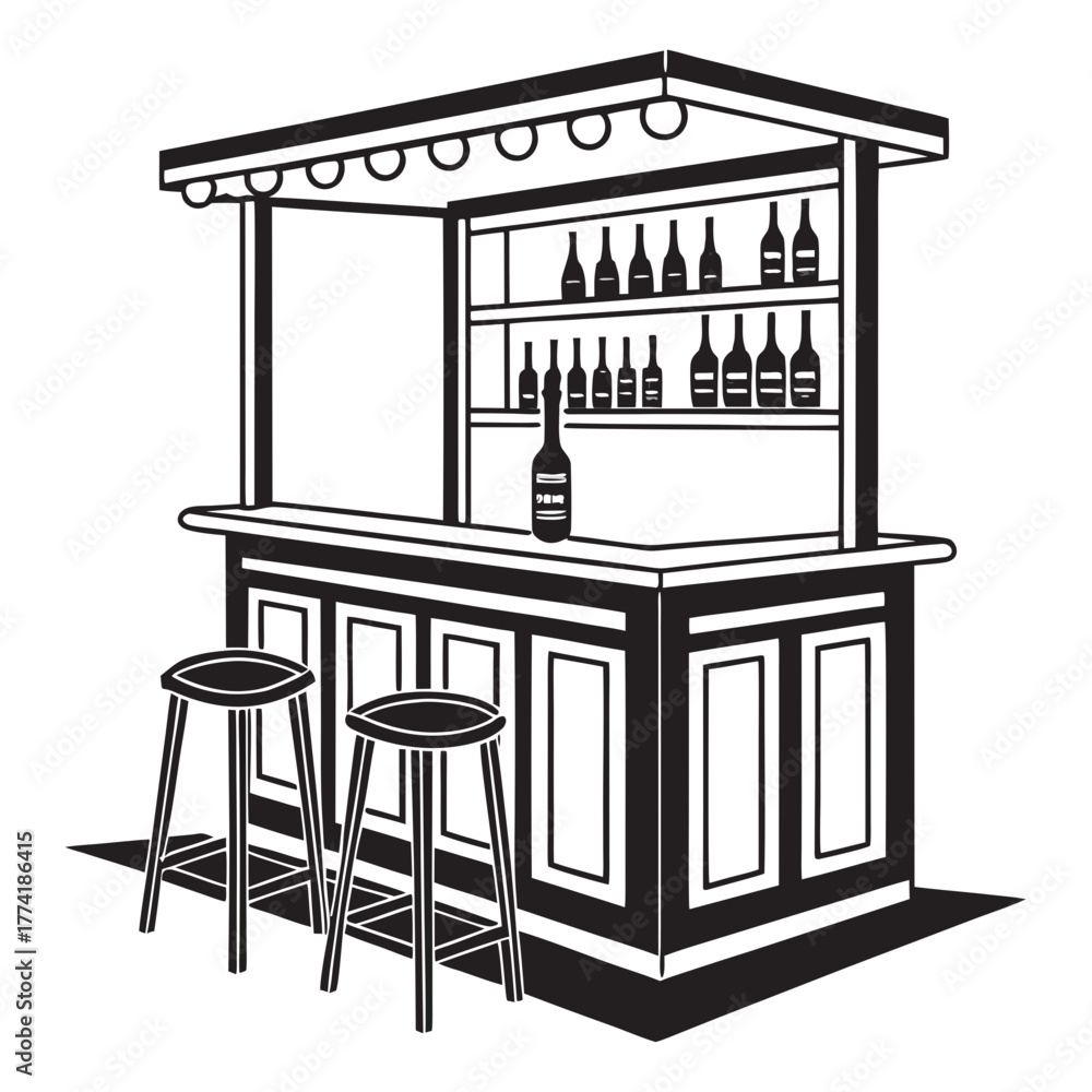 Fototapeta premium Illustration of a bar counter with shelves and stools tavern drinks
