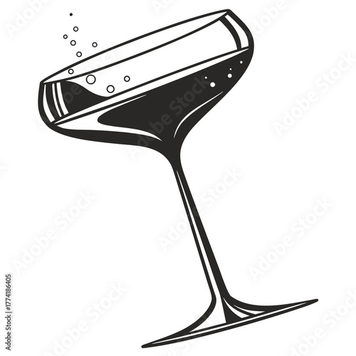Black and white illustration of a champagne coupe with bubbles glass drink
