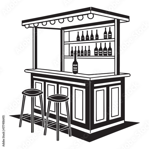Illustration of a bar counter with shelves and stools tavern drinks