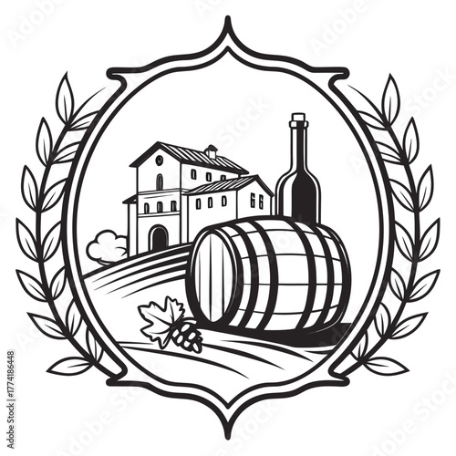 Winery Emblem with Vineyard Buildings Barrel and Grapes crest wine barrel