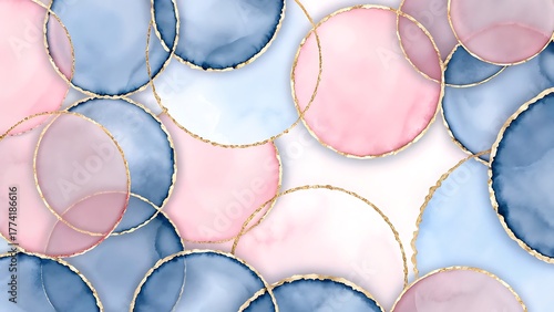 Abstract watercolor painting with circles in shades of pink and blue with gold outline details art