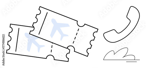 Plane tickets with an airplane symbol next to a phone receiver, emphasizing travel booking, customer service, and communication. Ideal for tourism, travel planning, customer support, logistics