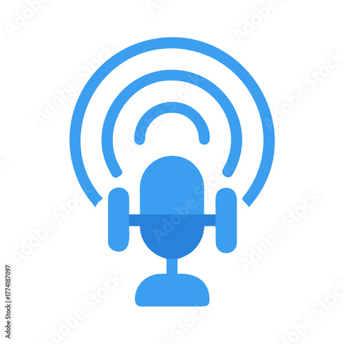 Blue podcast microphone with broadcast waves flat icon on black background