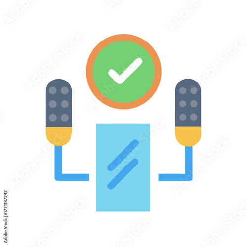 Podcast studio illustration with microphones and checkmark for audio success