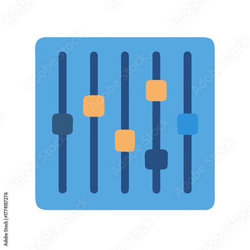 Illustration of a sound mixer with faders on a blue square, black background