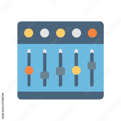 Simple mixing console icon with knobs and sliders, isolated on black background