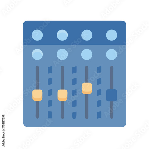 Stylized audio mixing console with slider controls and round knobs on black background