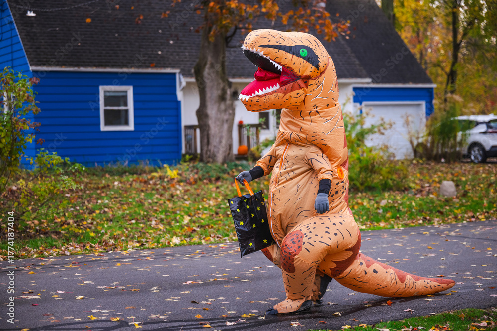 Fototapeta premium Person in inflatable dinosaur costume walking along suburban street with a Halloween candy bag.