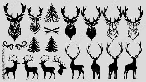 Elegant reindeer and pine tree silhouettes for creating winter holiday cards, rustic wedding invitations, and festive Christmas decorations with classic style
