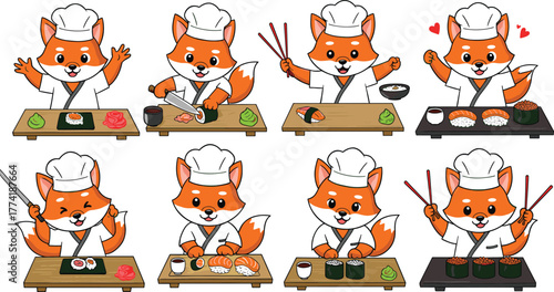 Cartoon fox sushi chef, Japanese cuisine illustration, cute animal cooking, sushi preparation art, culinary character design, restaurant mascot, kitchen scene