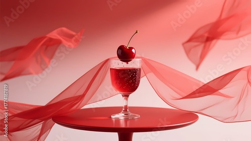 Cherry-flavored red beverage with elegant red-themed setting.