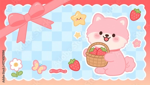 Cute cartoon pet picking strawberries illustration with sweet elements.