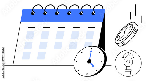 Calendar with marked dates, clock with blue hands, falling coin, and pen tip. Ideal for scheduling, deadline setting, financial planning, creativity, productivity time tracking simple flat metaphor