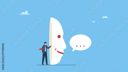 Dishonest businessman hiding behind disguise mask pretend to lying. Dishonesty, lies or scam, fraud or fake hiding behind disguise mask, business cheating or suspicion false or fake news.