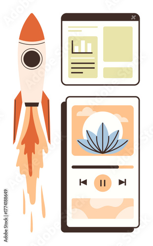 Rocket blasting off, web analytics data on screen, meditation app with lotus flower icon and music controls. Ideal for productivity, growth, mindfulness, balance, startup, innovation