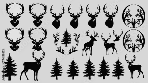 Elegant deer and forest silhouettes perfect for rustic designs, nature-themed projects, and holiday crafts, originally created as a scalable vector graphic