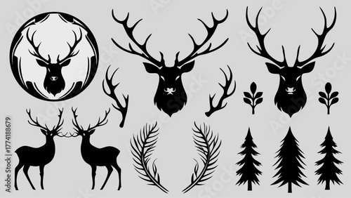 Elegant stag antlers and fir tree silhouettes for rustic winter designs, perfect for logos, invitations, and woodland themed projects, created from scalable vector shapes