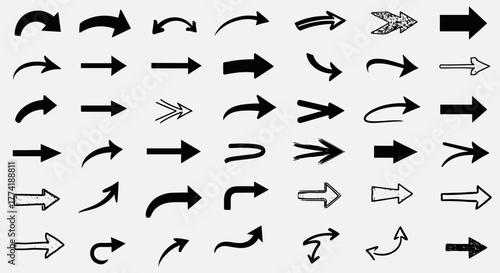 Hand-Drawn Arrow Icons Vector Set, Grunge Sketchy Directional Symbols