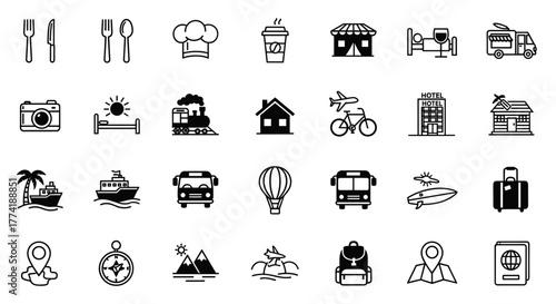 Comprehensive set of travel and holiday outline icons featuring transport, accommodation, food, and destination symbols.