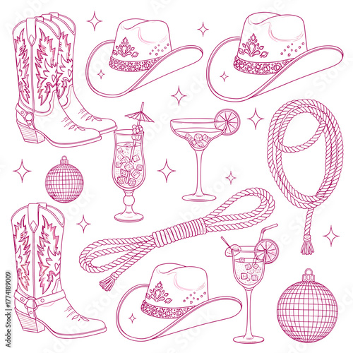 Collection of Western and country-themed line art elements: cowboy boots, hats, cocktails, and disco balls.
