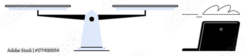 Balance scale on the left and cloud-linked laptop on the right symbolizing harmony, equality, work-life balance, decision-making, justice, technology assessment, adaptability. Simple flat metaphor