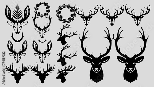 Majestic deer head silhouettes for branding, logos, and nature-inspired designs, perfect for wildlife, hunting, and outdoor themes, originally a scalable vector graphic