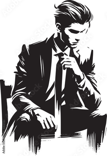 Monochrome contemplation: Stylish man in deep thought, brush str