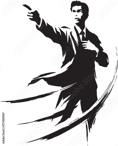 Dynamic sumi-e illustration depicting a man passionately pointin