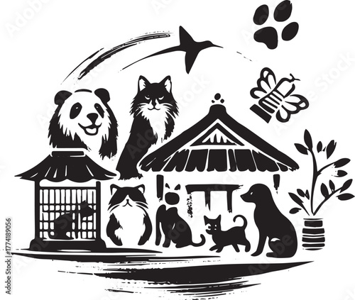 Expressive ink drawing of diverse animal companions fostering an