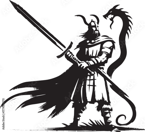 Epic warrior facing a serpentine dragon in dramatic monochrome b