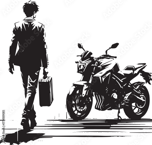 Monochrome illustration of a man with briefcase approaching a mo