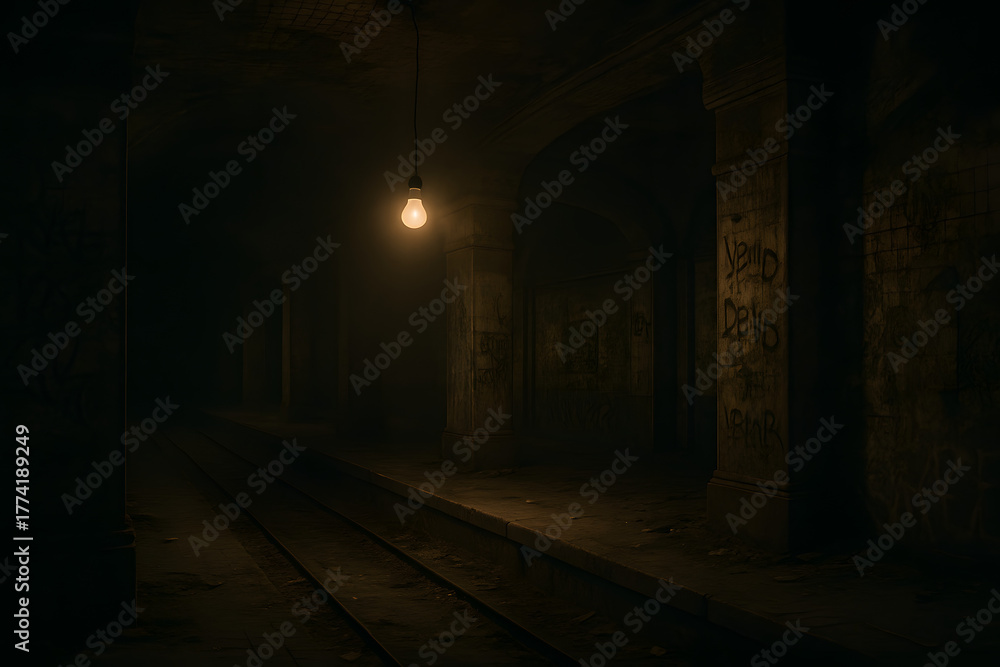 Fototapeta premium Flickering Light Bulb in Abandoned Subway Station