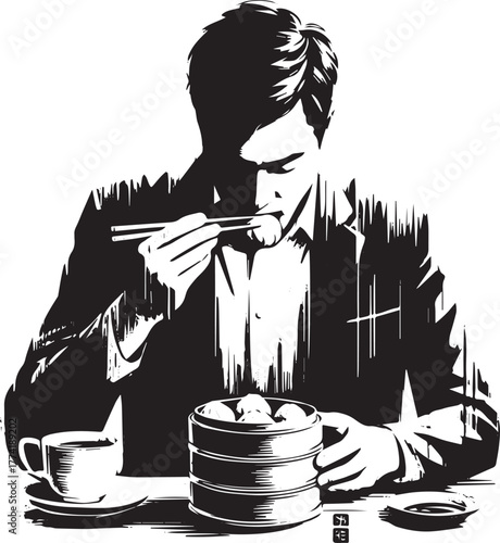 Monochrome depiction of a man enjoying dim sum with expressive b