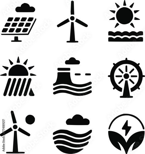Renewable Energy Solid Icon Set  Solar, Wind, and Hydro Power