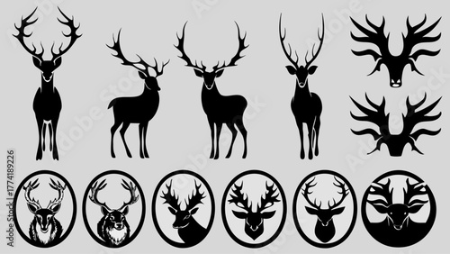 Elegant deer stag silhouette collection, perfect for upscale branding, rustic wedding designs, or majestic nature-themed projects, available for instant download