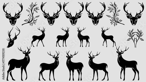 Elegant deer silhouettes and botanical accents create stunning woodland designs, perfect for rustic invitations and nature-inspired branding projects