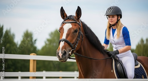 A woman in a blue top and white pants riding a brown horse in a fenced area with a white fence and green trees in the background.