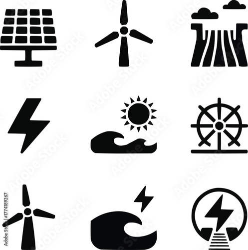 Renewable Energy Solid Icon Set  Solar, Wind, and Hydro Power