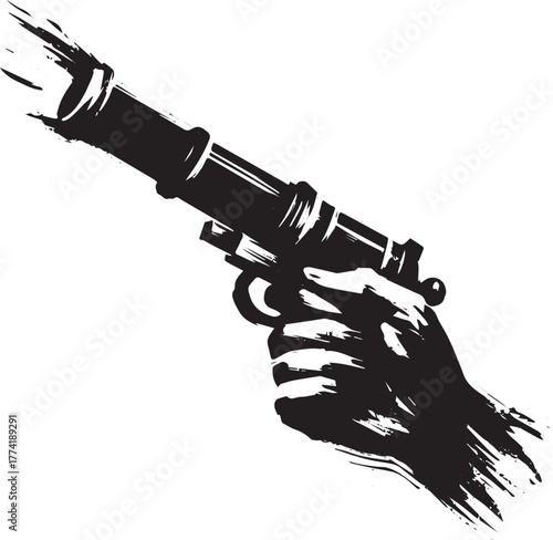 Monochrome illustration of a hand holding a vintage style pistol